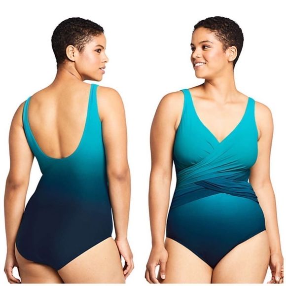 Land’s End Slenderize one piece soft cup navy green teal ombré swimsuit 8 DD - Picture 3 of 8